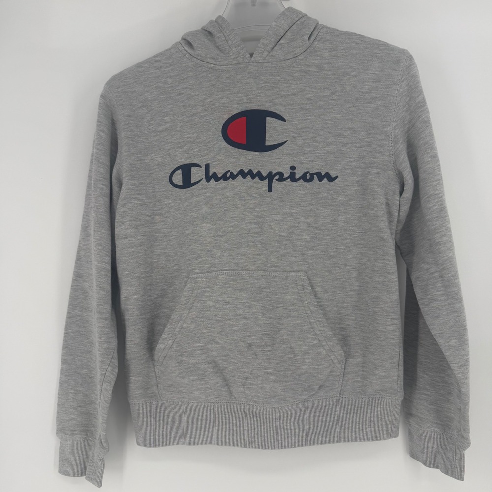 Champion Kids Heather Gray Script Logo Pullover Hoodie Sweatshirt Size 14/16 L